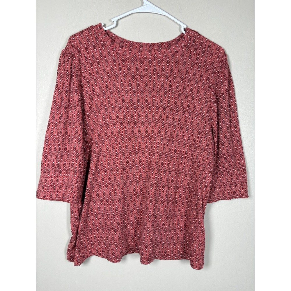 Lucky Brand Womens XL Terracotta Red Geometric Diamond Print 3/4 Sleeve Knit Top
